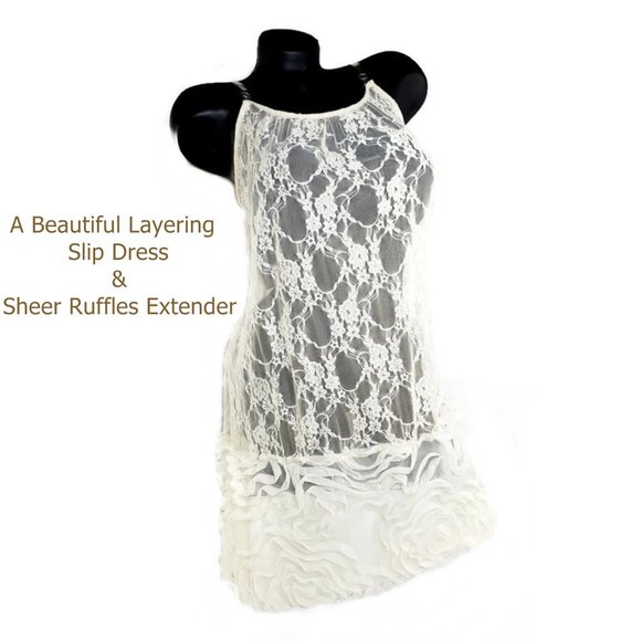 Cream Lace Tank Slip Dress with Ruffles Extender. - Picture 4 of 5